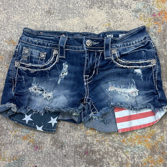 Miss Me Pants - Miss Me Navy Distressed Jean Shorts with Star and Stripe Accents
